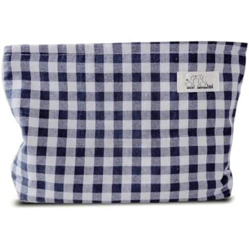 HAPPYHEIDI Navy Blue Gingham Cotton Makeup Bag Cosmetic Toiletry Travel Pouch, Tote Purse Organizer, Zipper Closure, Canvas Lined