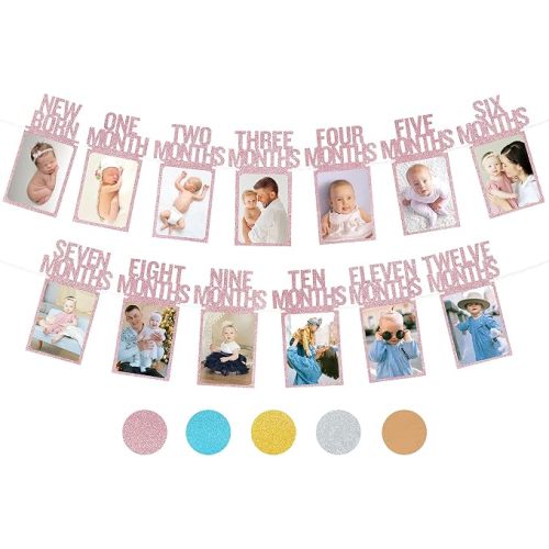 1st Birthday Photo Banner for Baby from Newborn to 12 Months, 1st Birthday Decorations Girl Monthly Milestones Garland | 1 Year Old First Photo Banner Pre-strung with Frame (Rose Gold)
