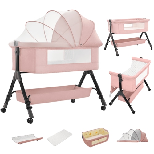 Baby Bassinet,Portable Baby Bedside Sleeper,4 in 1 Inafnt Cradle with Changing Table for 0-24Months,Pink