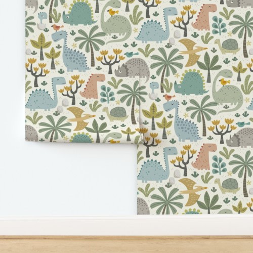 Wallpaper in dinos jungle - prehistoric safari - cream - colorful (large scale)