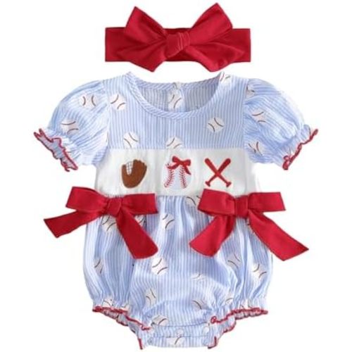 Newborn Baby Girl Baseball Outfit Embroidery Short Sleeve Smocked Bubble Romper Ruffle Bodysuit Cute Summer Clothes