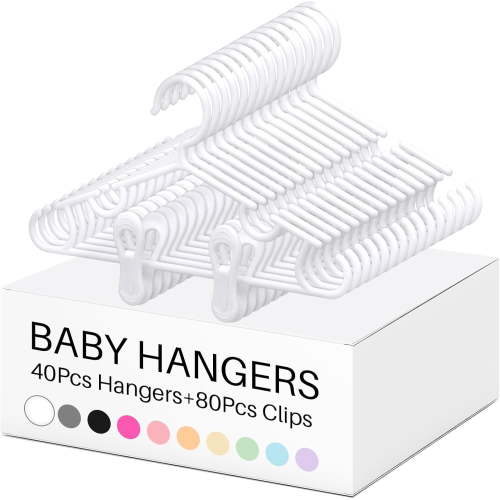 Baby Hanger with Clip for Pant,120 Packs Total,White,10.6 Inch | 40 Kids Plastic Hanger with 80 Clips for Newborn, Nursery, Daycare, Preschool, Closet, Wardrobe Organizer for Baby Shower