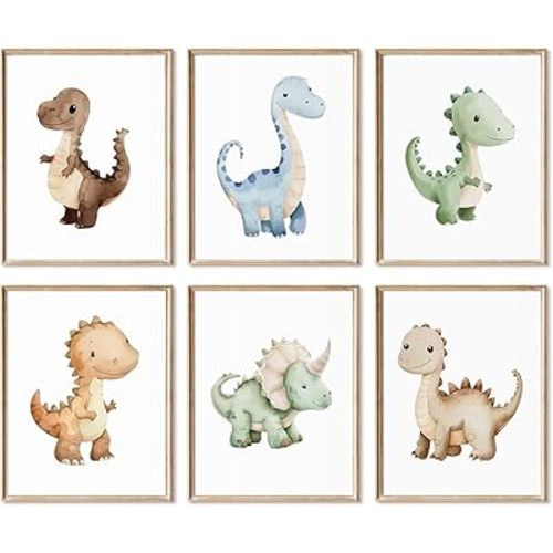Dinosaur Nursery Wall Art Kids Canvas Poster baby Boy Nursery Wall Decor Watercolor Dino Prints Toddler Pictures cute Dinosaur Themed Artwork painting for Boys Room Bedroom 8x10 Inch Unframed set of 6