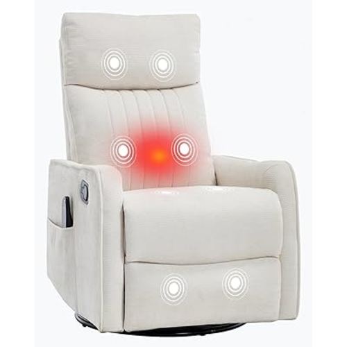 PELUMY 360 Swivel Rocking Recliner Chair for Adults, Nursery Rocking Chair with Heat and Massage, Glider Reclining Chair for Small Space, Living Room, Bedroom (Chenille, Beige)