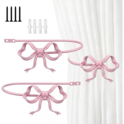 2 Pack Pink Metal Bow Curtain Holdbacks Wall Mounted Curtain Hold Backs Curtains Modern Tiebacks Decorative Window Drapery Tiebacks with Bow Finials for Living Room Bedroom Office Home
