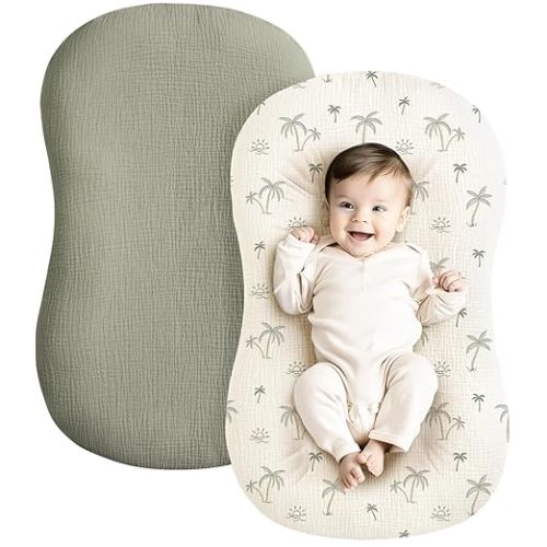 Konssy Muslin Baby Lounger Cover 2 Pack, 100% Cotton Newborn Lounger Cover, Soft and Breathable Lounger Slipcover for Boys Girls, Covers Only (Rabbit,Fog Green)