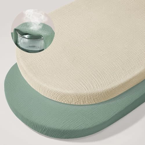 Basumee Muslin Bassinet Sheets for Baby Girl Boy 2 Pack Soft Breathable Baby Bedside Bassinet Fitted Sheets with Bottom Elastic Band 33''x17''x4'' Mattress Cover for Rectangle Oval Hourglass Bassinets