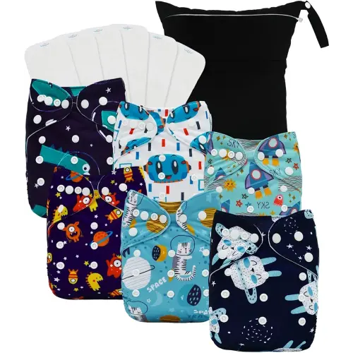 babygoal Boy Cloth Diapers Pack of 13, Baby Reusable Washable Pocket Nappy, 6pcs Diapers+6pcs Rayon from Bamboo Inserts+Wet Bag 6FB40-MB-B