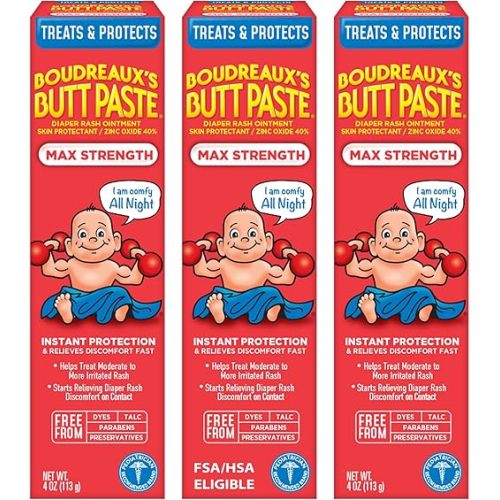 Boudreaux’s Butt Paste Max Strength Diaper Rash Cream for Baby, Ointment With Zinc Oxide, 4 oz Tubes, 3 Pack