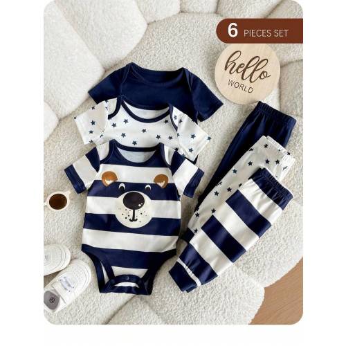 SHEIN Newborn Baby Boy Summer Cute Cartoon Star Print Short Sleeve Romper & Long Pants 3pcs Set 3 Pack Infant Outfit Baby Boy Bear Outfit Baby Unisex Clothes Sets Newborn Baby Boy Romper Baby Boy Clothes Set | SHEIN USA