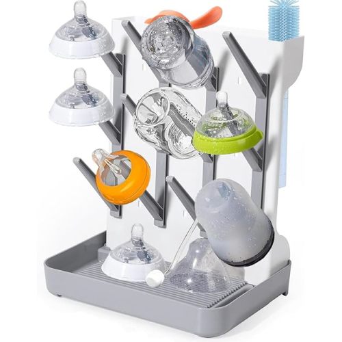 Large Baby Bottle Drying Rack, Space Saving Countertop Baby Drying Rack for Bottles, Vertical Baby Bottle Station Stand, Travel Bottle Dryer Rack Holder for Pump Parts & Baby Products, Grey