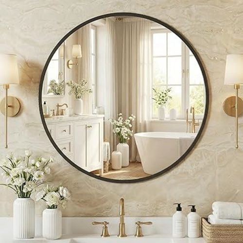 NEWBULIG 24 Inch Round Wall Mirror, Bathroom Mirror for Over Sink, Matte Metal Framed Circle Vanity Mirror, Wall Decor for Bedroom, Entryway, Anti-Rust, Tempered Glass, Hanging or Leaning, Black
