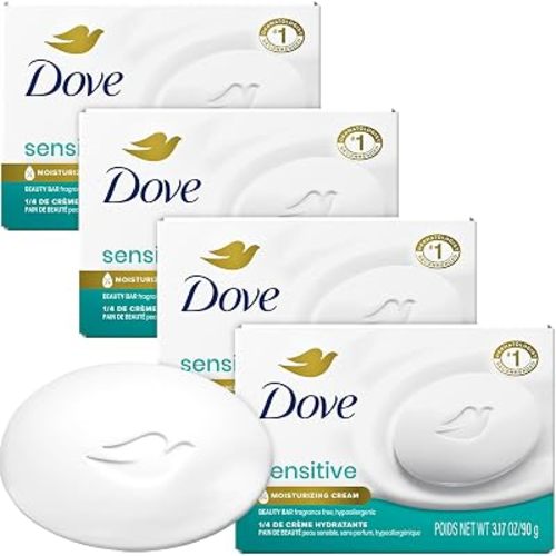 Dove Beauty Bar, Sensitive Skin 4-Pack with Moisturizing Cream for Soft, Smooth Skin, 3.17 Oz Ea