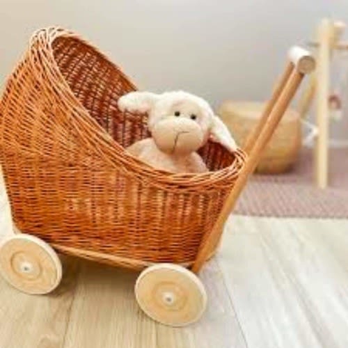 Handmade Wicker Doll Stroller - Pram for dolls made of beech wood and wicker in Natural color