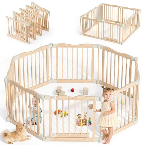 Foldable Wooden Playpen - Adjustable Wood Baby Play Yard 1 Panels