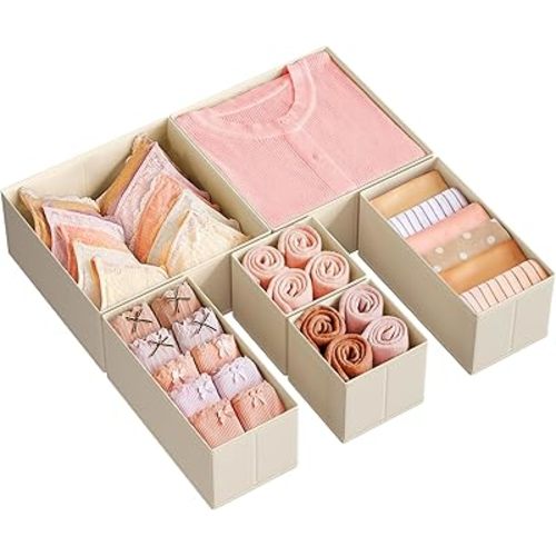 SONGMICS Drawer Organizer, Dresser Drawer Organizers, Set of 6, Foldable Fabric Storage Bins for Socks, Underwear, Bras, Ties, Scarves, Surmmer Sand URDZ006Y01
