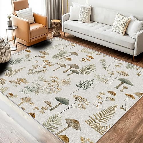 Mushroom Leaf Rug, Washable 3x5 Rug for Living Room, Natural Plant Pastoral Patterned Indoor Carpet, Mushroom Leaves Decor for Home, Bedroom, Soft Non Slip Thin Design EER115