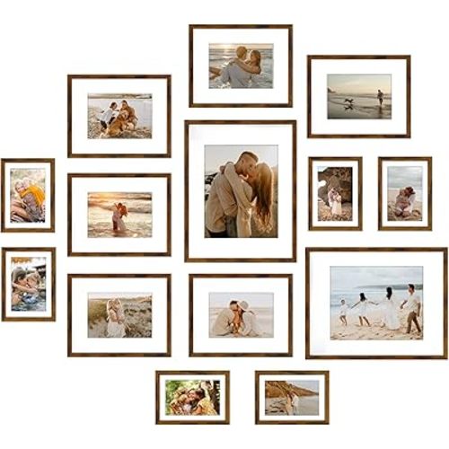 Giftgarden 14 Pack Brown Picture Frames with Mat for Various Sizes Photos, Assorted Matted Frame Set Including Two 11x14, Six 8x10, Six 5x7, Gallery Frame Collage for Wall or Tabletop Display