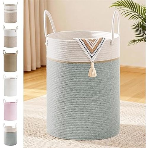 Tall Laundry Basket with Handles, 72L Portable Dirty Clothes Hamper, Boho Cotton Rope Storage Bin for Blankets Kids Toys Gifts, Large Organizer for Baby Nursery Bedroom Bathroom, Sage Green