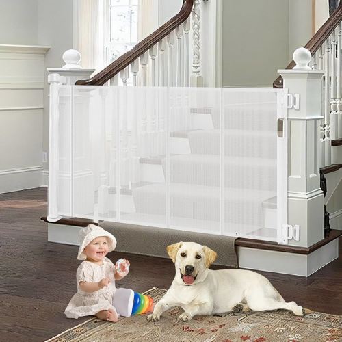 Reinforced Retractable Baby Gate for Stairs with Support Rods, Extends up to 55" Wide, Adjustable Latches Dog Gate for Stairway Mesh Pet Gate Banister to Wall Toddler Safety Gates (White)