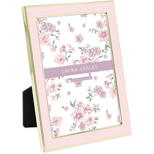 Laura Ashley 5x7 Pink Enamel Picture Frame, Gold Metal Edge with Easel, for Countertop, Counterspace, Tabletop Display, Bookshelf, Desk, Wall Décor, Photo Gallery