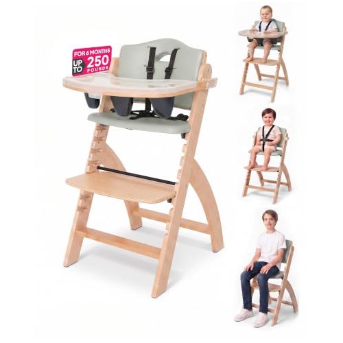 Abiie Beyond Junior Convertible Wooden High Chair with Removable Tray | Adjustable Highchair for Babies & Toddlers, Grow With Me, 6 Months to 250 lbs, Water Resistant, Natural Wood w/ Grey Cushion