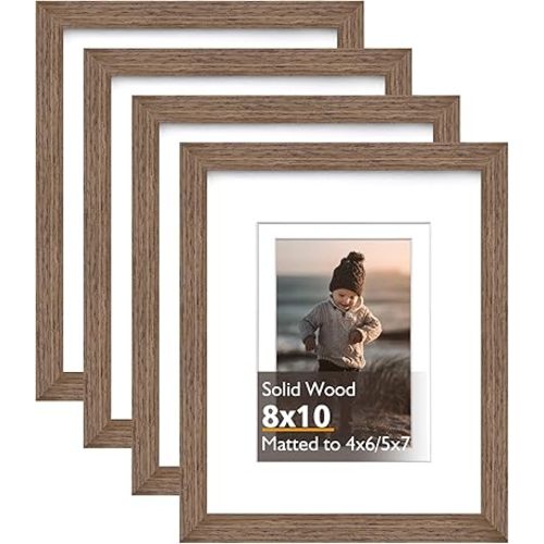 KINLINK 8x10 Picture Frame Rustic brown, Solid Wood Frames with Acrylic Plexiglass for Pictures 4x6/5x7 with Mat or 8x10 without Mat, Tabletop and Wall Display Photo Frame, Set of 4