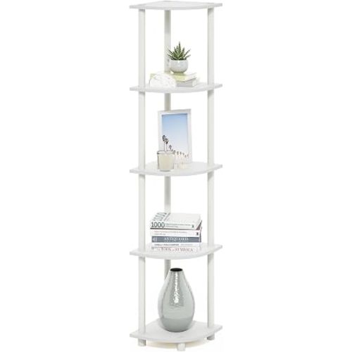 Furinno Turn-N-Tube Corner Shelf, 5-Tier Corner Bookshelf, Open Storage Shelves, for Organization and Storage, Living Room, Home Office, Garage, Bedroom, White