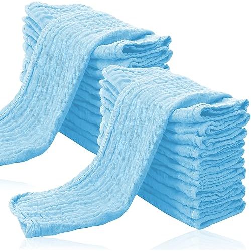 24 Pack Muslin Burp Cloths for Baby - Ultra-Soft 100% Cotton Baby Washcloths - Large 20'' by 10'' Super Absorbent Milk Spit Up Rags - Burpy Cloths for Unisex, Boy, Girl - Aquamarine