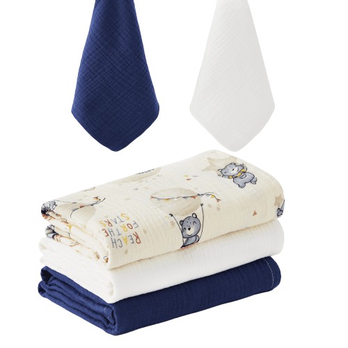 Muslin Swaddle Blankets 3 Pack & 2 Burp Cloths, Breathable & Soft Cotton Baby Blankets, Receiving Blankets for Newborn, Nursery Infant Essentials, Swaddling Wrap for Unisex (Navy & White)