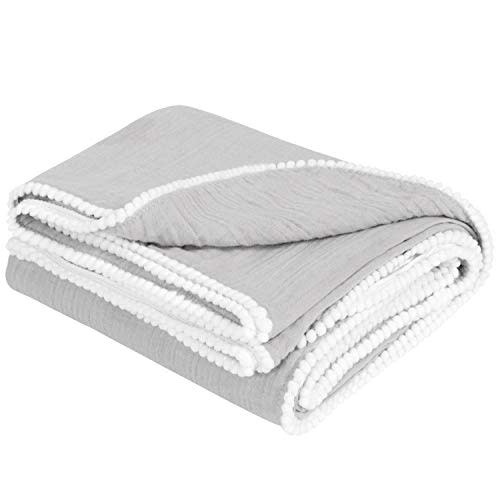 TILLYOU Organic Muslin Swaddle Baby Blanket, 100% Soft Cotton Swaddling Receiving Blanket with Pom, Large Lightweight Baby Wrap Blanket, 47'' x47'' Gray