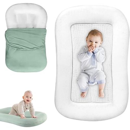 Baby Lounger for Newborn, Soft Breathable Cotton Infant Support Cushion, Baby Essentials Gift (Green)