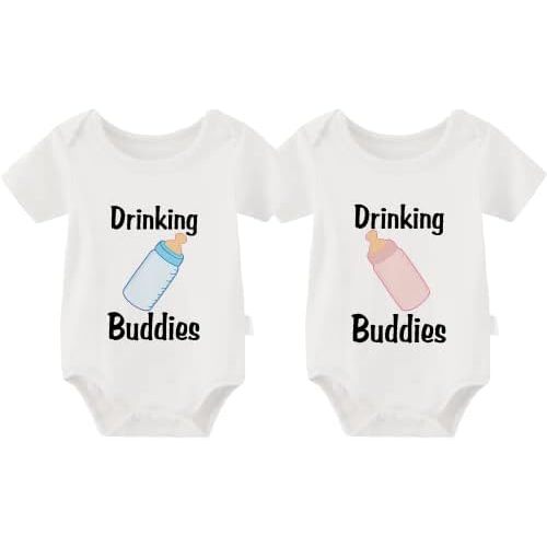 YSCULBUTOL Baby Twins Bodysuit Drinking Buddies Newborn Baby Romper Twins Boy Girl Matching Outfits Triplets Set