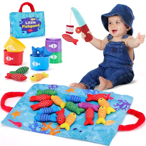 hahaland Toddler Toys Montessori Toys for 1 Year Old Boy Girl Birthday Gift - 10 in 1 Cloth Fishing Game Christmas Toddler Gifts 1-3 with Stacking Cups - Number Counting, Color Sorting Learning
