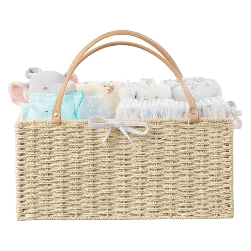 HBlife Large Baby Diaper Caddy Organizer, Paper Rope Storage Baskets Nursery Bin with Removable Divider, Portable Car Organizer for Diapers, Baby Shower Gifts, Newborn Essentials Must Haves