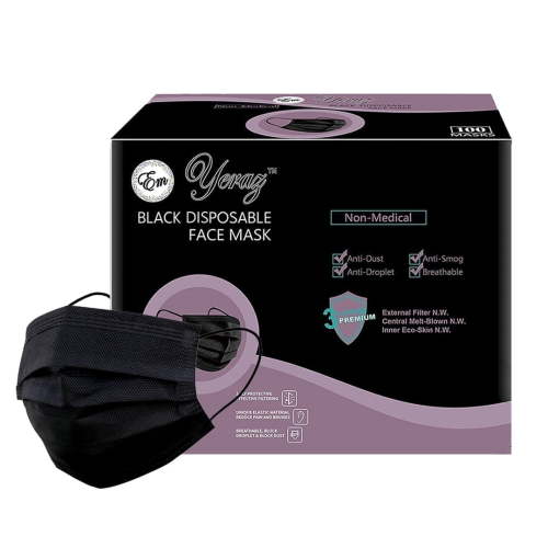 Em Yeraz 100 PCS Disposable Face Masks, Black Disposable Masks, 3 Ply Protection Face Masks