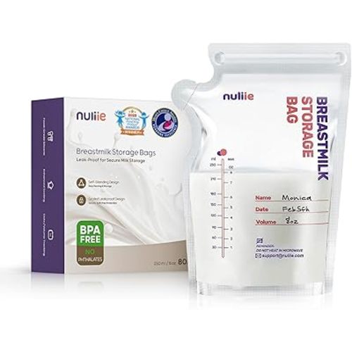 Nuliie 50 Pcs Breastmilk Storage Bags Freezer, 8 OZ Breast Milk Storing Bags, BPA-Free, Milk Storage Bags with Pour Spout for Breastfeeding, Self-Standing Bag, Space Saving Flat Profile