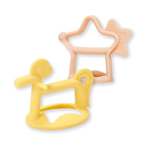 MOYUUM Wrist Teether Gift Set 100% Silicone, Wearable Type Baby Chew Toy Baby Gift for Newborn Roly Poly Toy Silicone Teething Toys for Infant and Toddler Bracelet Type (Star Coral Beige, Pony Yellow)