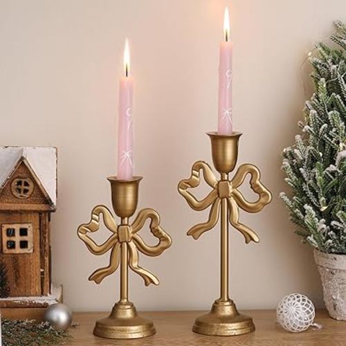 Mumufy 2 Pcs Gold Bow Taper Candlestick Holders Tall Pillar Candle Holders Decorative Candlestick Holder for Home Decor, Wedding, Dinning, Party, 2 Size 10 Inch 8 Inch, Single Sided Bow