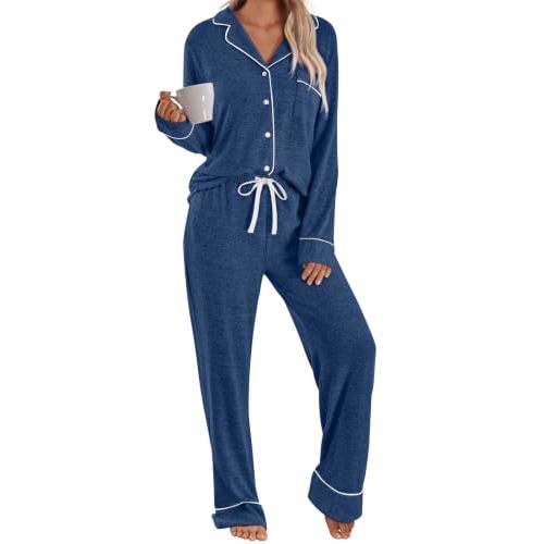 LILLUSORY Women's Long Sleeve Cotton Pajama Sets Lounge Sleepwear 2026 Fall | Soft Button-Down Top & Comfortable Drawstring Pants with Pockets, Fall and Winter Casual Lounge Sets
