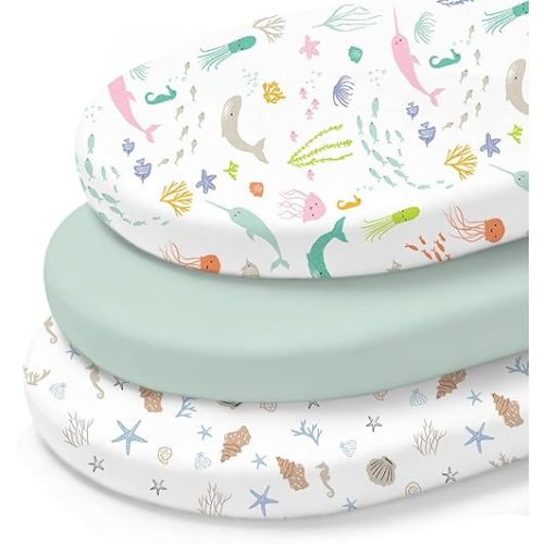 Little Grape Land Bassinet Sheets 3 Pack, 33" x 18" Fitted Bassinet Sheets Up to 4" Deep Pocket, Ultra Soft Baby Bassinet Fitted Sheets for Bassinet Mattress, Ocean Friends