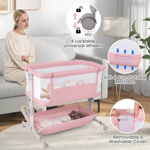 Infans Baby Bassinet, Bedside Crib w/ 6-Level Adjustable Height, Storage Shelf, Wheels, Mattress & Carry Bag, Folding Bassinet Bedside Sleeper, Pink