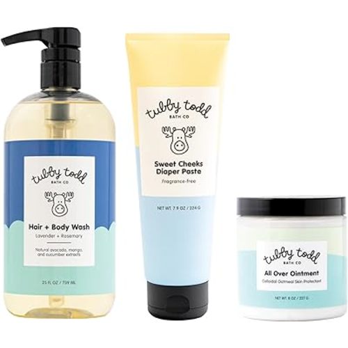 TUBBY TODD Baby Bundle Newborn Skin Care Set - Hypoallergenic Hair + Body Wash, All Over Ointment with Colloidal Oatmeal, Sweet Cheeks Diaper Paste - Lavender Rosemary, Full Size