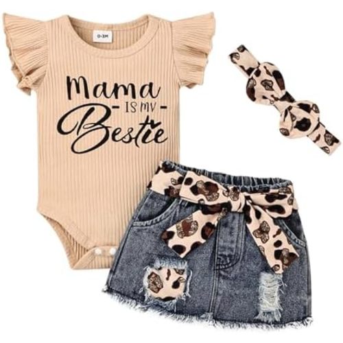 Baby Girl Clothes Infant Romper Outfit Set with Denim Skirt 0-18M