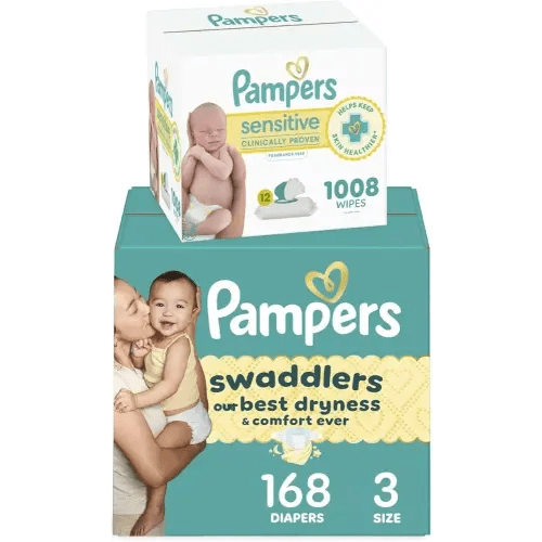 Pampers Swaddlers Disposable Baby Diapers Size 3, 168 Count with Sensitive Water Based Baby Wipes 12 Flip-Top Packs (1008 Wipes Total)