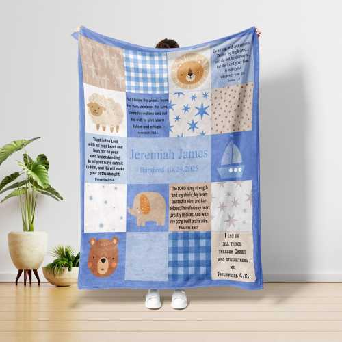 Personalized Baby Blanket, Scripture Patchwork Fleece, Baptism Gift