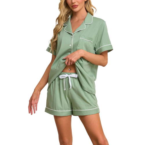 ANLIQI Womens 100% Cotton Pajamas Short Set Soft Short Sleeve Sleepwear Button Down Summer Pjs Set with Pockets(Sage Green, Medium)