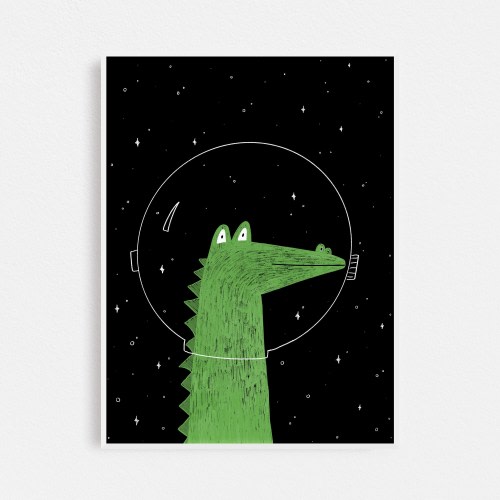 Alligator Astronaut in Space Art Print | Space Animals Nursery Art Print | Quirky Astronaut Decor | Space Art Children's Illustration