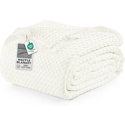 Utopia Bedding Ivory 100% Cotton Waffle Blanket 300 GSM [Queen - 90x90 Inch] Soft Lightweight Breathable Bed Blanket for All Season