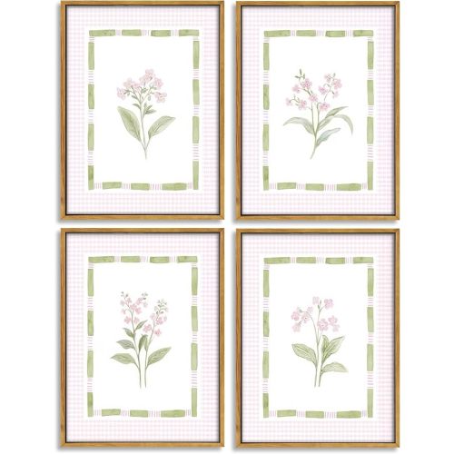 Pink Floral Nursery Wall Art Watercolor Wildflower Pictures Wall Decor Sage Green Botanical Posters Vintage Grandmillenial Flower Painting Print Artwork for Baby Girls Room Bedroom, Framed